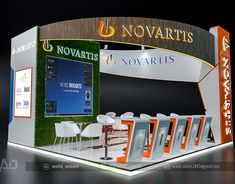 an exhibition stand with chairs and tables in front of the sign that says novarts