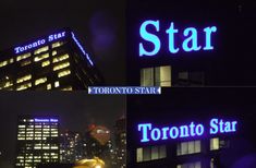 the toronto star building is lit up at night