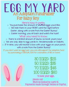 an easter egg hunt flyer with bunny ears and the words, egg my yard for baby boy