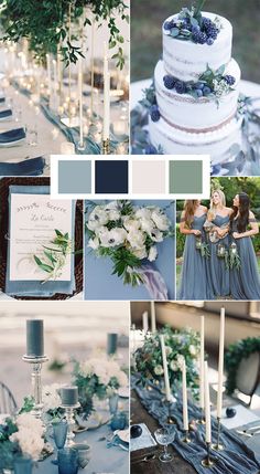 a collage of blue and white wedding colors