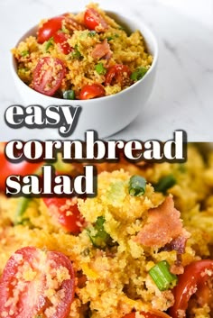 this easy cornbread salad is loaded with tomatoes and green beans