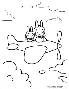 two rabbits sitting on top of an airplane in the sky with clouds and water behind them