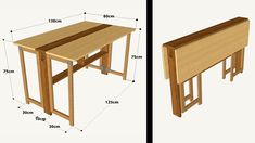 two tables with measurements for each side and the same table top on either side, shown in three different angles