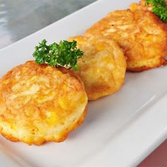 three fried food items on a white plate with garnishes and parsley