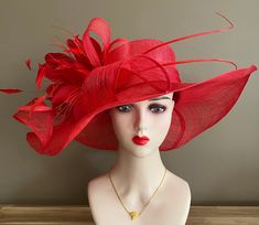 Red Wide Brim Church Carriage Kentucky Derby Hat With Poppy - Etsy Elegant Summer Fascinator With Feather Trim, Wedding Wide Brim Feather Trim Fascinator, Wedding Wide Brim Fascinator With Feather Trim, Feathered Hats For Summer Wedding, Summer Formal Hats With Feather Trim, Elegant Wide Brim Fascinator With Feather Trim, Formal Summer Hats With Feathers, Summer Wedding Hats With Feathers, Summer Wedding Top Hat With Feather Trim