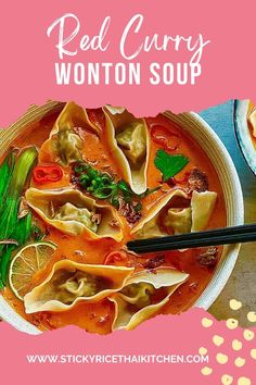 red curry wonton soup in a bowl with chopsticks