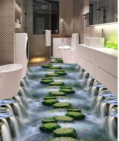 the bathroom floor is covered in water and green mossy plants, which make it look like they're floating