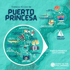 a map with the words things to do in puerto princessa and other places on it