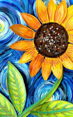 a painting of a sunflower with blue and yellow swirls