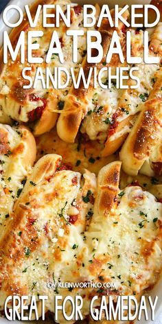 the cover of an oven baked meatball sandwiches recipe with text overlay that reads great for game day