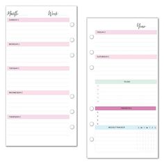 two planner pages with pink and blue stripes on them, one is blank for notes