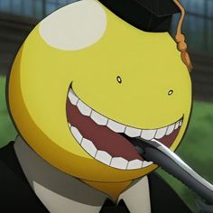 a cartoon character wearing a graduation hat and holding a toothbrush in his mouth with an evil grin