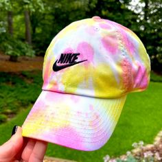 Handmade White Nike Tie Dye Baseball Hat, Can Be Dyed Any Colors You Want Just Message Me At Checkout. The One Pictured Is Teal, Pink, & Yellow. Visit My Etsy: Hashtagstayweird Adjustable Nike Cotton Hat, Nike Adjustable Cotton Hat, Adjustable Cotton Nike Hat, Yellow Cotton Hat For Spring, Spring Yellow Cotton Hat, Trendy Yellow Baseball Cap For Summer, Multicolor Casual Baseball Cap For Spring, Trendy Multicolor Cotton Baseball Cap, Casual Multicolor Baseball Cap For Spring