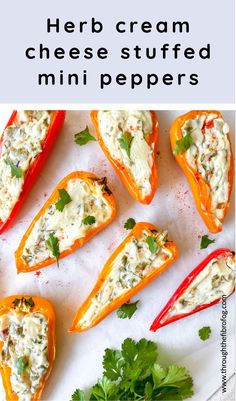 stuffed bell peppers with cheese and herbs on top, in the background is text overlay that reads herb cream cheese stuffed mini peppers