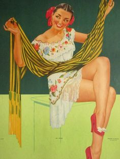 a painting of a woman sitting on top of a table with a scarf around her waist