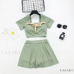 Lasaky - High-Waisted One-Piece Swimsuit with Conservative Skirt, Modest Bikini Bottoms, and Short-Sleeved Artistic Swimwear Swimwear With Skirt, Modest Swimwear, Half Skirt, Chiffon Blouse, Lantern Sleeves, Dance Wear, Green Color, One Piece Swimsuit, Cover Up