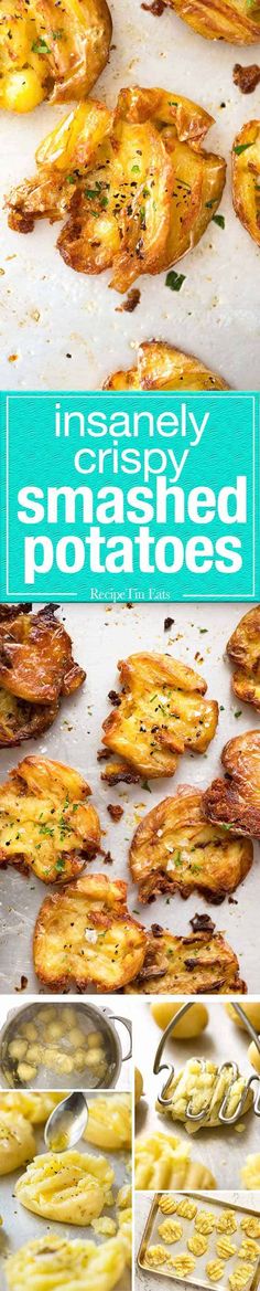 an image of baked potatoes on a baking sheet with the title instant gravy smashed potatoes