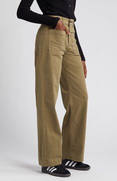 Wide legs and roomy utility pockets play up the casual appeal of these versatile and soft cotton-blend twill pants. 30 1/2" inseam; 20" leg opening; 12" front rise; 15" back rise (size 29) 98% cotton, 2% polyurethane Machine wash, line dry Made in the USA Mid-rise Cotton Parachute Pants With Pockets, Elevated Casual Wide Leg Cargo Bottoms, Spring Utility Wide Leg Chinos, Cotton Straight Leg Chinos With Cargo Pockets, Spring Utility Wide-leg Chinos, Straight Leg Cotton Chinos With Cargo Pockets, Full-length Cotton Cargo Jeans For Work, Utility Wide Leg Cargo Pants For Elevated Casual Wear, Khaki Cotton Wide Leg Pants For Fall