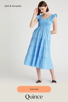 This floaty, flirty, light dress is about to become your fave for summer. Flattering A-line cut, smocked elasticated top, tiered poplin skirt. The sleeveless style has ruffle detailing and all in breathable, natural 100% organic cotton poplin. It's soft, comfy, and the midi-length has the potential to be dressed up or down.  | Quince | Women's Smocked Midi Dress in Cornflower Blue, Size Medium, Organic Cotton Poplin Skirt, Light Dress, Linen Blazer, Cornflower Blue, Rebecca Taylor, Linen Shorts, Dress 100, Quince, Maternity Dresses