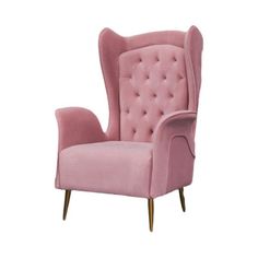 the pink chair is upholstered with gold legs and buttons on it's back