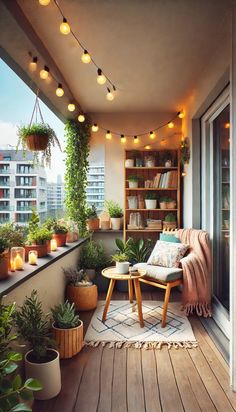 an apartment balcony with potted plants and lights strung from the ceiling, along with a chair