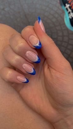 Blue Prom Dress Nail Ideas, Trendy Nail Inspo Almond, Nails Inspiration Almond Shape, Volleyball Nails Designs, Blue Nails Almond Shape, Royal Blue French Tip Nails, Volleyball Nails, Dance Nails