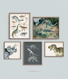 four framed pictures of dinosaurs and other animals