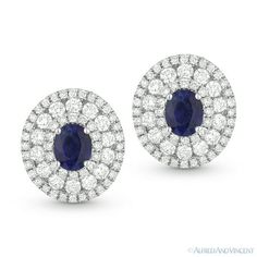 The featured earrings are crafted in 14k white gold and showcase oval designs set with oval cut sapphire gemstones surrounded by round brilliant cut diamond accents paved around the sapphires. The earrings are then finished with push-back posts for secure wear. Your purchase will include a 30-Day Exchange or Money-Back Guarantee & Free US Shipping. Please email us for more details regarding this listing. Size: one size.  Color: Metal Type.  Gender: female.  Age Group: adult. Round Cut Diamond Earrings, Round Diamond Earrings, Diamond Earrings Studs Round, White Gold Earrings Studs, Gold Earrings For Women, Blue Sapphire Diamond, Large Jewelry, Round Stud Earrings, Pretty Earrings