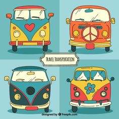 four different colored vw buses with the words travel transportation