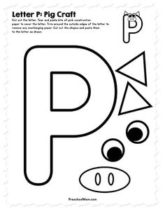 the letter p is for pig craft with an animal's face and eyes on it