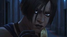 an animated character with dark hair and blue eyes looking at the camera in a dimly lit alley