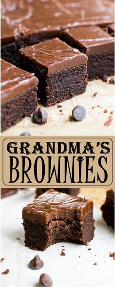 there is a brownie with chocolate chips on it and the title says grandma's brownies