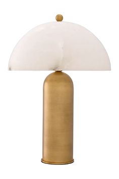 a gold table lamp with a white shade on it's top and bottom half