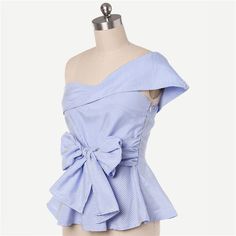 Gender: Women Material: Polyester Material: Spandex Clothing Length: REGULAR Style: Office Lady Fabric Type: Broadcloth Sleeve Length(cm): Short Decoration: Ruffles Pattern Type: Striped Collar: Skew Collar Sleeve Style: REGULAR Model Number: blouse170616452 Color: Blue UID: 190315237 Fabric: Fabric has no stretch Composition: 95% Polyester, 5% Spandex Details: Bow, Ruffle Hem, One Shoulder Style: Party, Elegant, Glamorous Fit Type: Slim Fit Shirt Type: Peplum Season: Summer, Spring Length: Regu