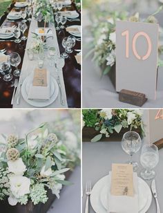 the table is set with white flowers and greenery