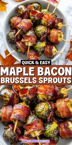 bacon wrapped brussel sprouts on skewers with maple leaves in the background