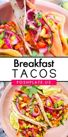 the breakfast tacos are ready to be eaten on the plate and served with avocado