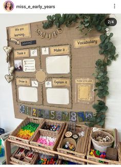 a bulletin board with pictures and words on it next to baskets filled with beads, toys and other items