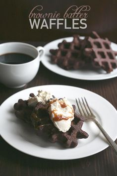 two plates with waffles, ice cream and syrup on them next to a cup of coffee