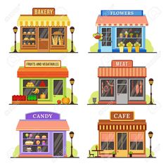 different types of shops and restaurants in flat style