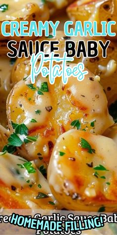 Creamy Oven Potatoes, Garlic Cream Potatoes, Sauces For Potatoes, Creamy Roasted Potatoes, Baby Bakers Potatoes Recipes, Creamy Garlic Sauce Potatoes, Creamy Potato Recipes, Recipes For Baby Potatoes, Creamed Potatoes Old Fashioned