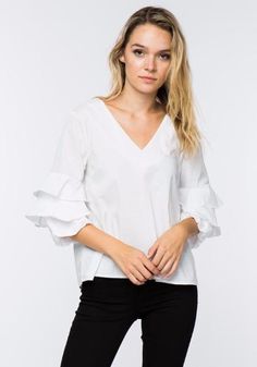 Tiered ruffled sleeve v-neck top. Sleek and sexy! #zaastyle #fashion #womensfashion #shopping #clothes #fashionista #top #shirt #yes Shopping Clothes, Ruffled Sleeves, V Neck Tops, Top Shirt, Cut Out, Women's Clothing, Sleek, V Neck, Collar