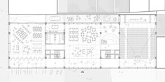 the floor plan for an office building, with several tables and chairs on each side