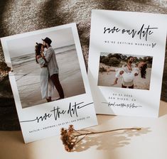 two wedding save the dates cards on top of a table