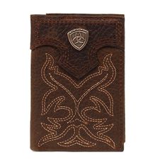 Ariat Mens Leather Wallet - Brown Trifold Western Wallets, Brown Overlay, Ariat Mens Boots, Boot Wallet, Rodeo Style, Mens Brown Boots, Leather Checkbook Cover, Rodeo Boots, Leather Embroidery