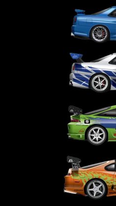 four different colored sports cars are shown in this image, one is green and the other is blue