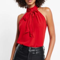 New With Tags! Beautiful Color! Chic Red Tops For Spring, Chic Red Top For Night Out, Chic Red Tops For Date Night, Chic Red Top For Workwear, Neck Halter Top, Red Tie, Tie Neck, Halter Top, Mock Neck