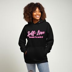 Self Love 'Because I'm Worth It' Black Hoodie - Neon Chest Design - Inspirational and Empowering Sweatshirt for Women and Girls I'm Worth It, La Fam, Chest Design, Im Worth It, Neon Quotes, Sweatshirt For Women, Fabric Patch, Worth It, Black Hoodie