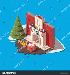 a christmas tree and presents in front of a house with a fireplace on the floor