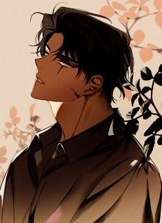 an anime character with black hair standing in front of a flowered branch and looking off to the side